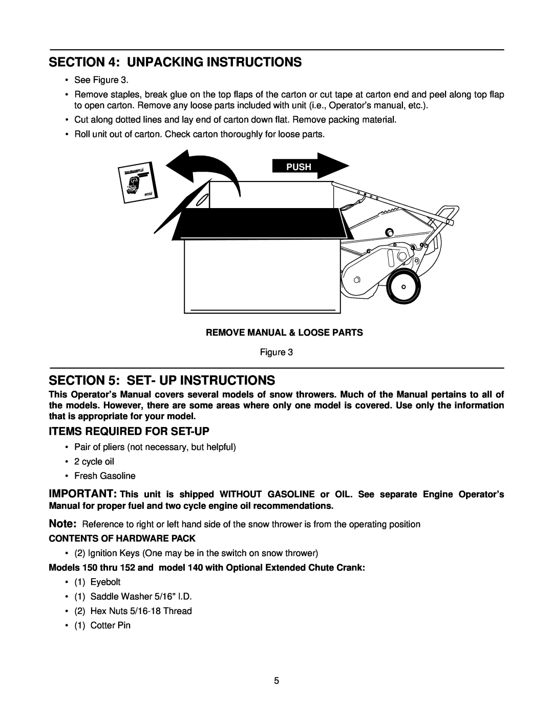 MTD Series 140 thru 152 manual Unpacking Instructions, Set- Up Instructions, Items Required For Set-Up, Push 