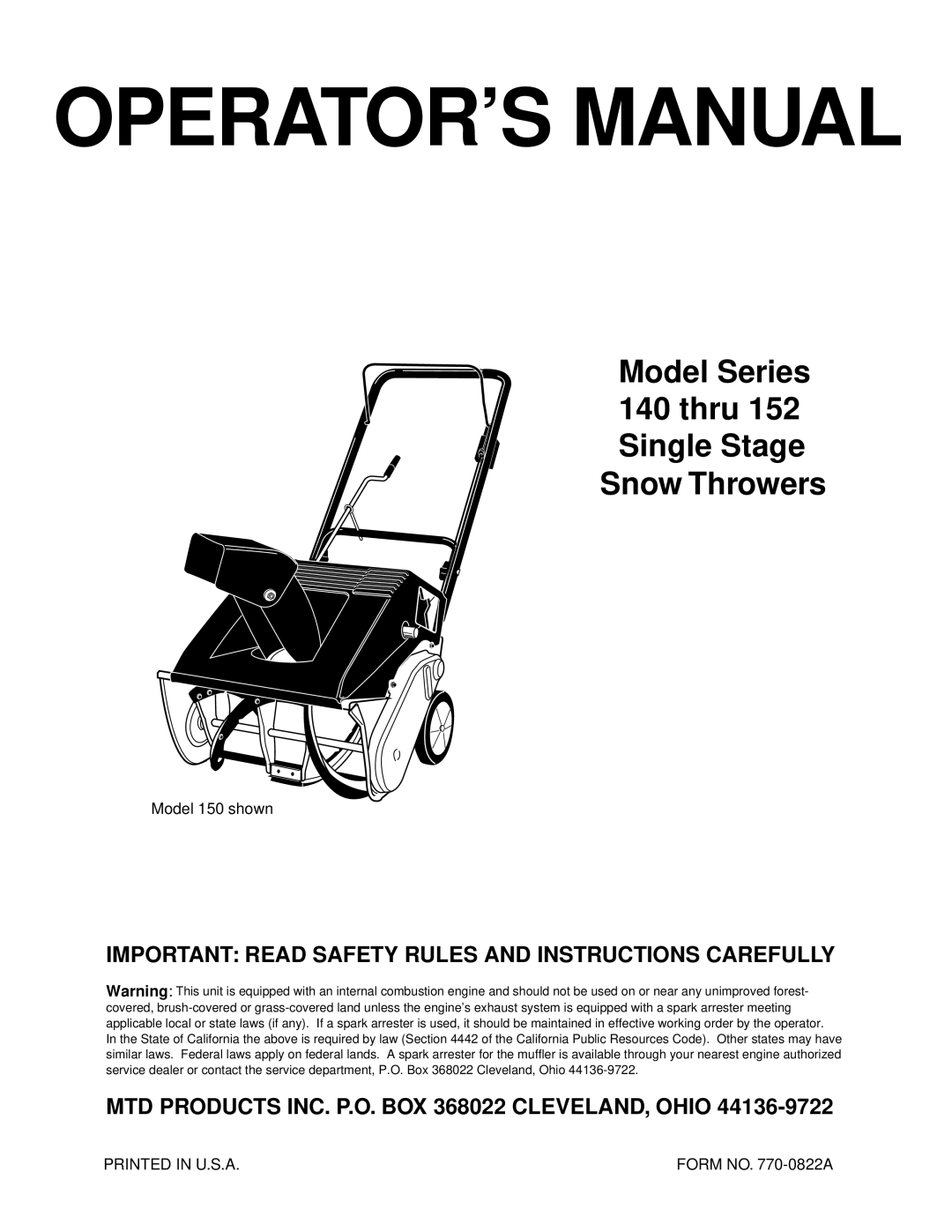 MTD Series 140 thru 152 manual Important Read Safety Rules and Instructions Carefully 