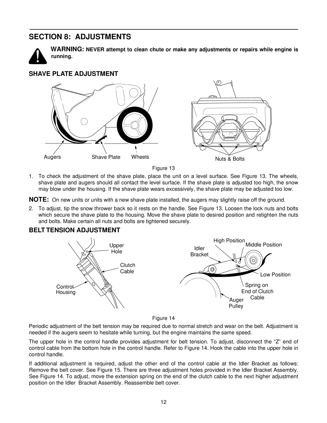 MTD Series 140 thru 152 manual Adjustments, Shave Plate Adjustment, Belt Tension Adjustment 