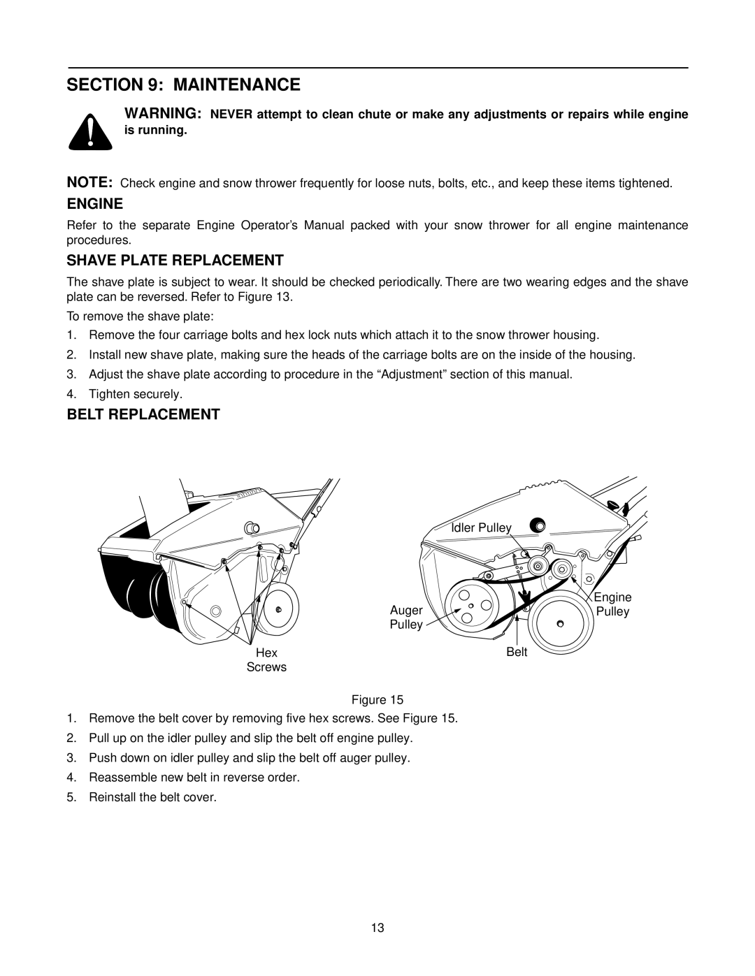 MTD Series 140 thru 152 manual Maintenance, Engine, Shave Plate Replacement, Belt Replacement 