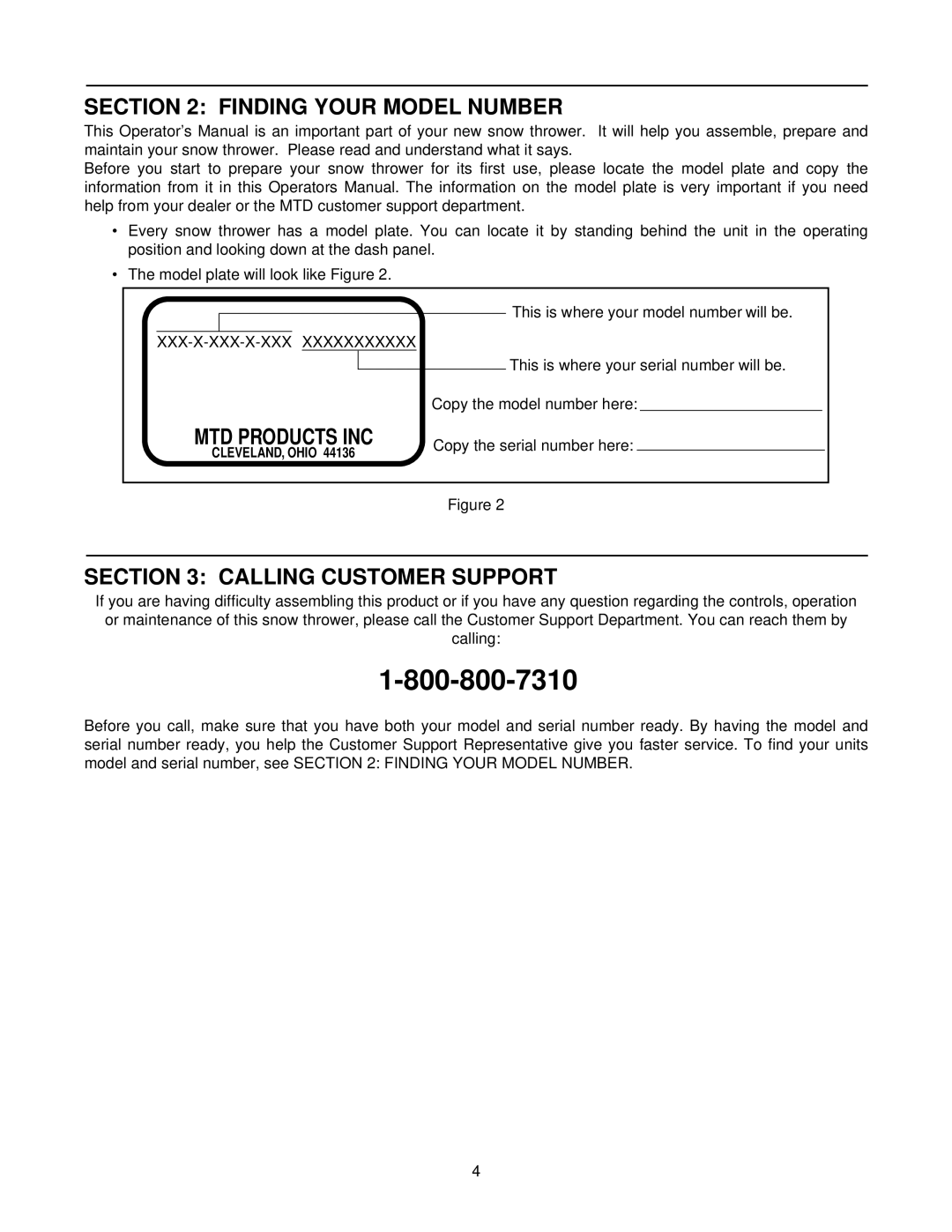 MTD Series 140 thru 152 manual Finding Your Model Number, Calling Customer Support 