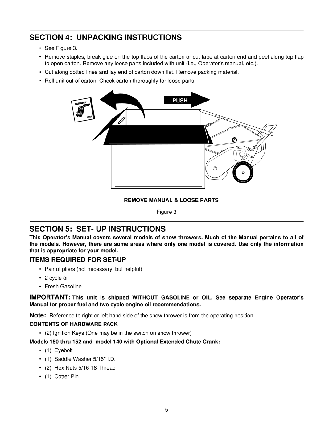 MTD Series 140 thru 152 manual Unpacking Instructions, SET- UP Instructions, Items Required for SET-UP 