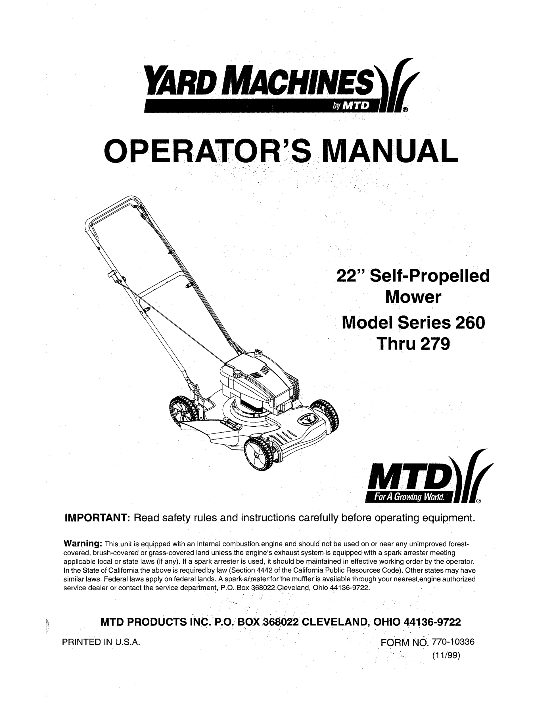 MTD Series 260 Thru 279 manual 