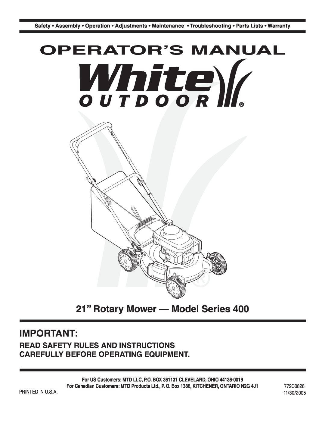 MTD Series 400 warranty Operator’S Manual, 21” Rotary Mower - Model Series, Read Safety Rules And Instructions, 772C0828 