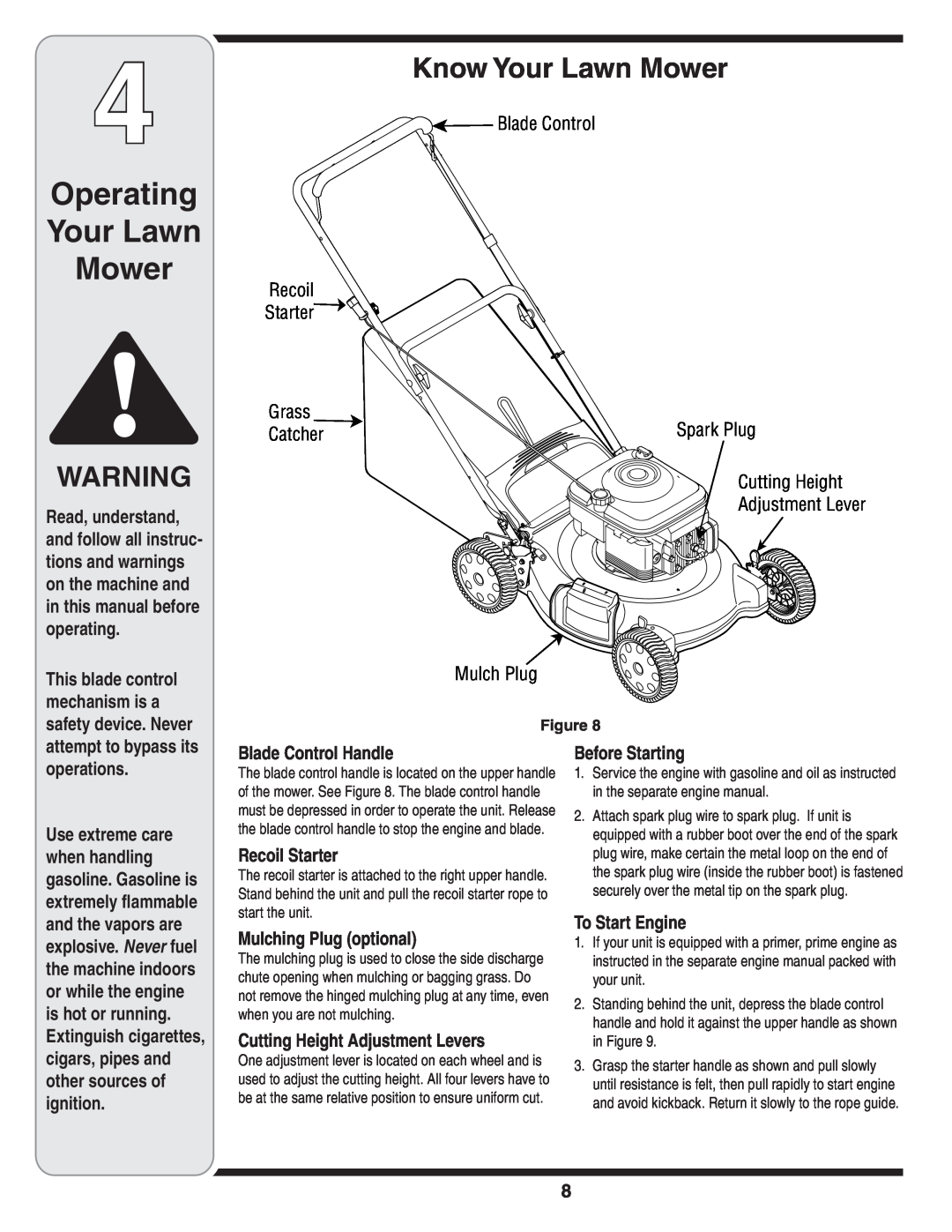 MTD Series 400 Operating Your Lawn Mower, Know Your Lawn Mower, Blade Control Handle, Recoil Starter, Before Starting 