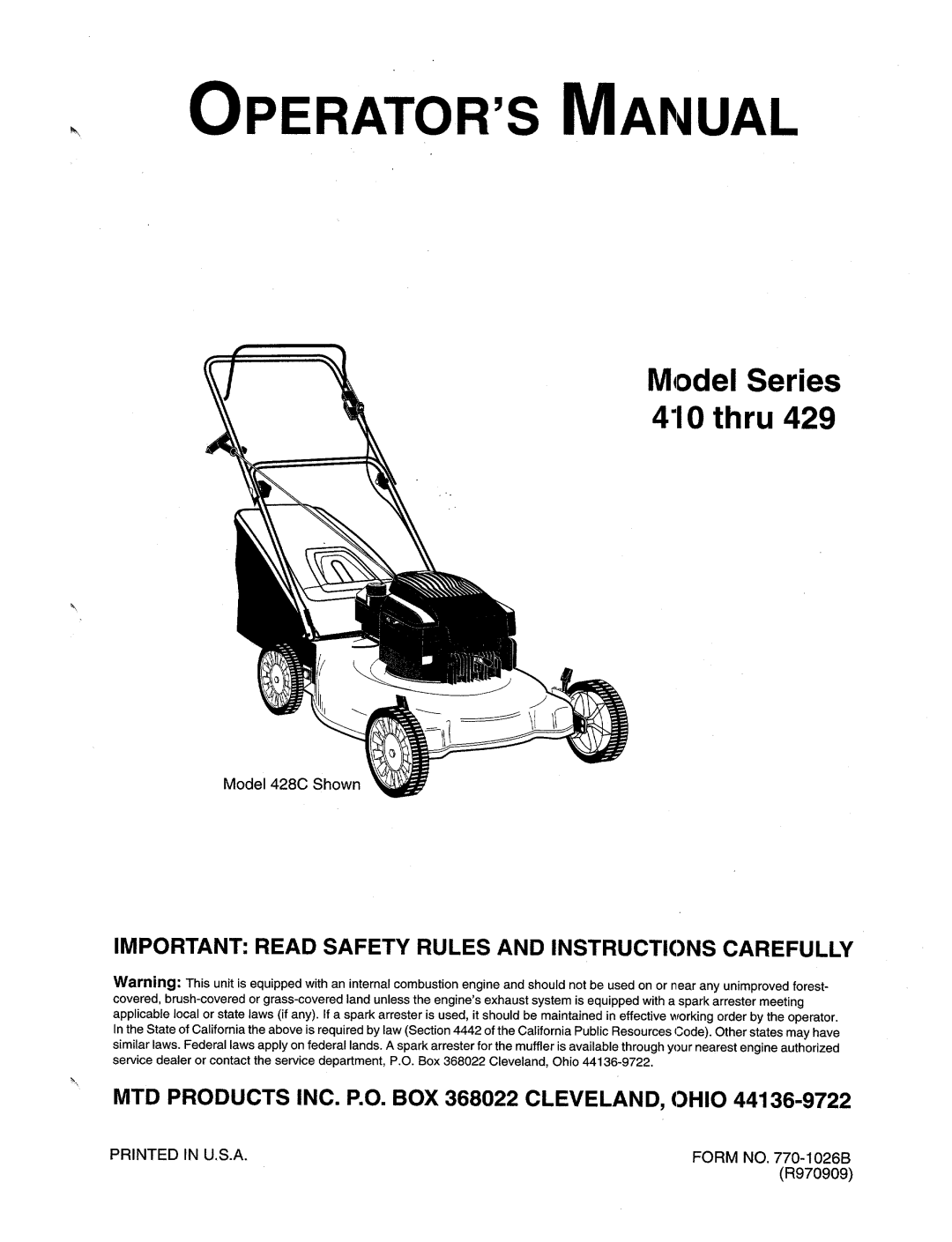 MTD Series 410 through 429 manual 