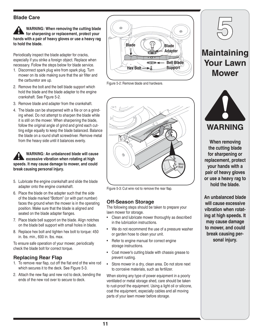 MTD Series 410 thru 420 warranty Blade Care, Replacing Rear Flap, Off-Season Storage, Sonal injury 