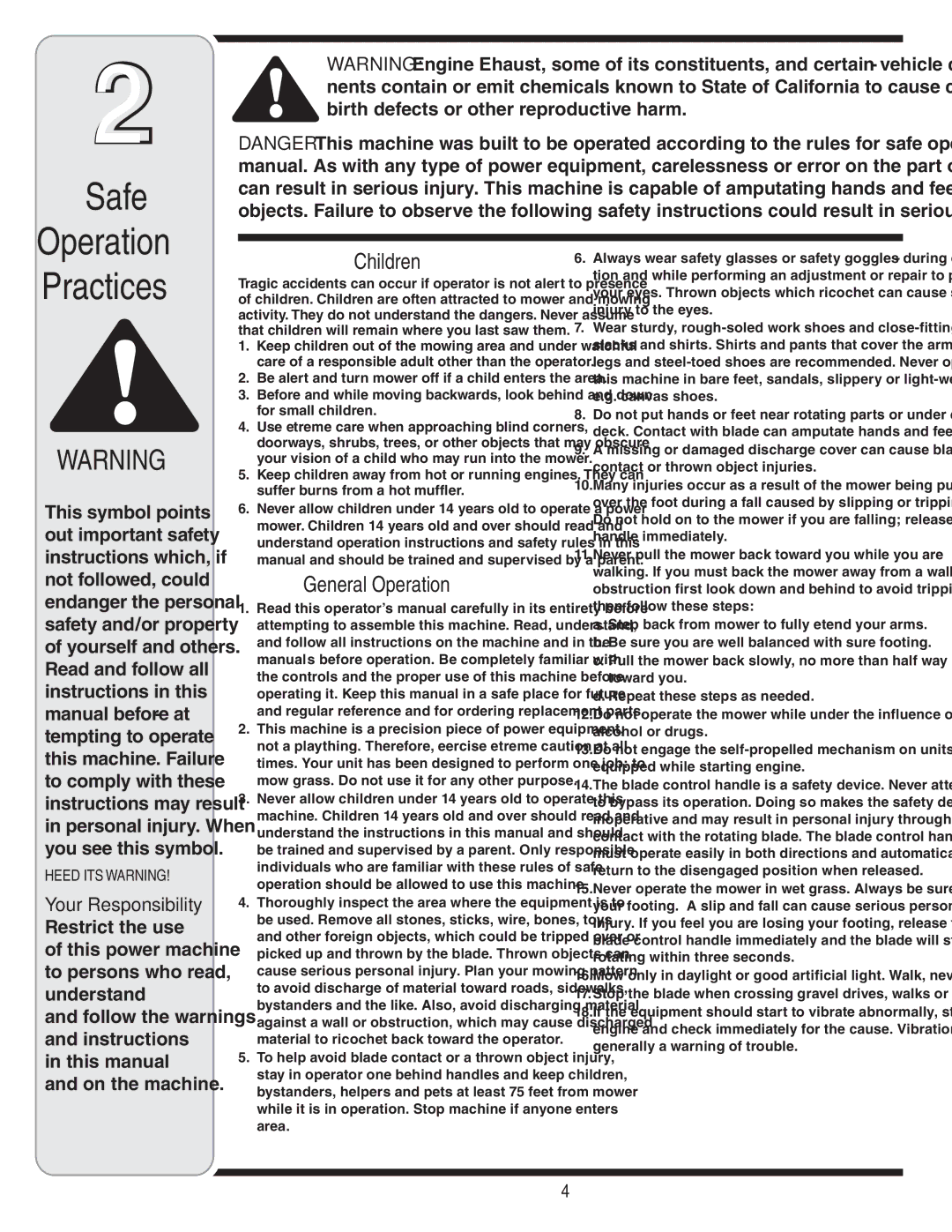 MTD Series 410 thru 420 warranty Safe Operation Practices, Your Responsibility 