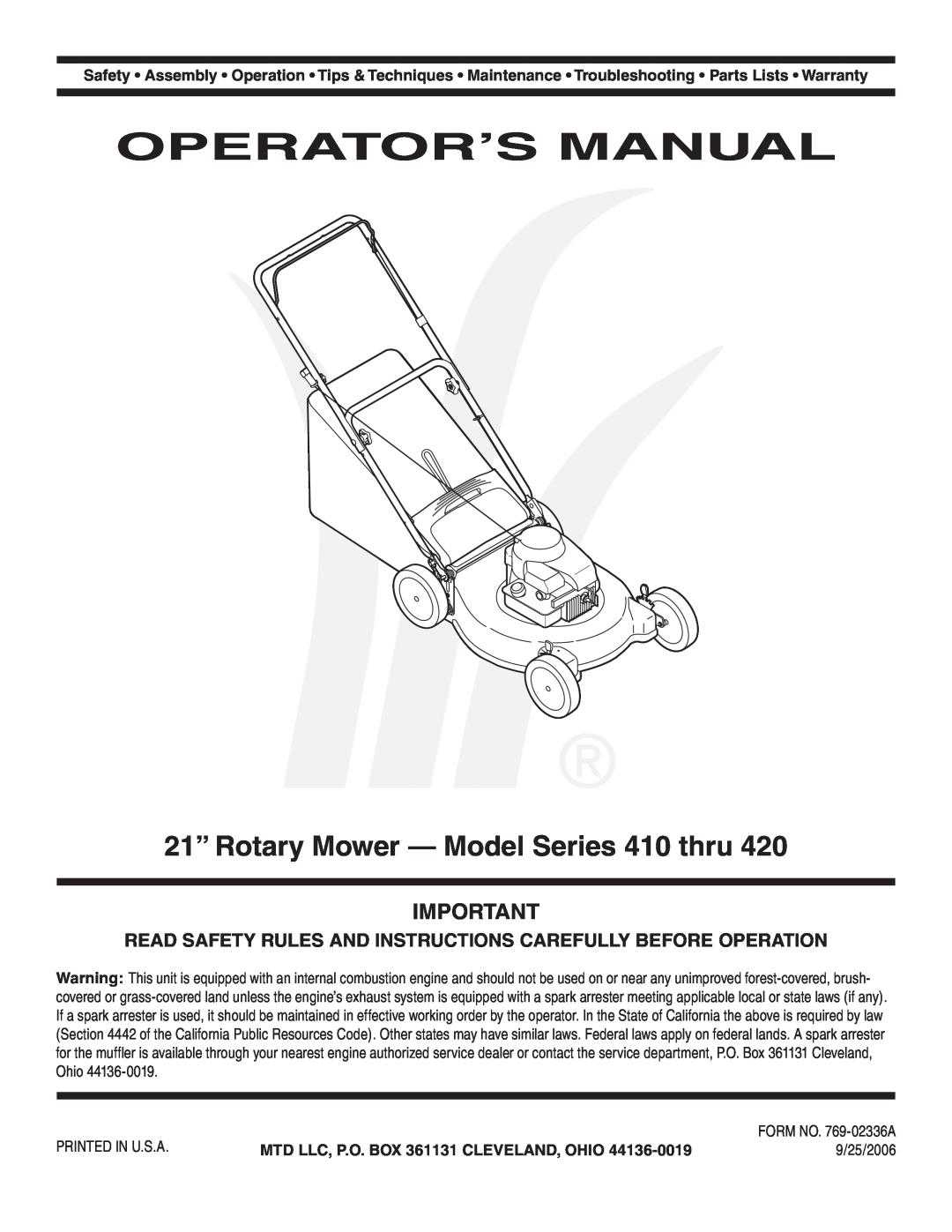 MTD Series 410 thru 420 warranty Operator’S Manual, 21” Rotary Mower - Model Series 410 thru 