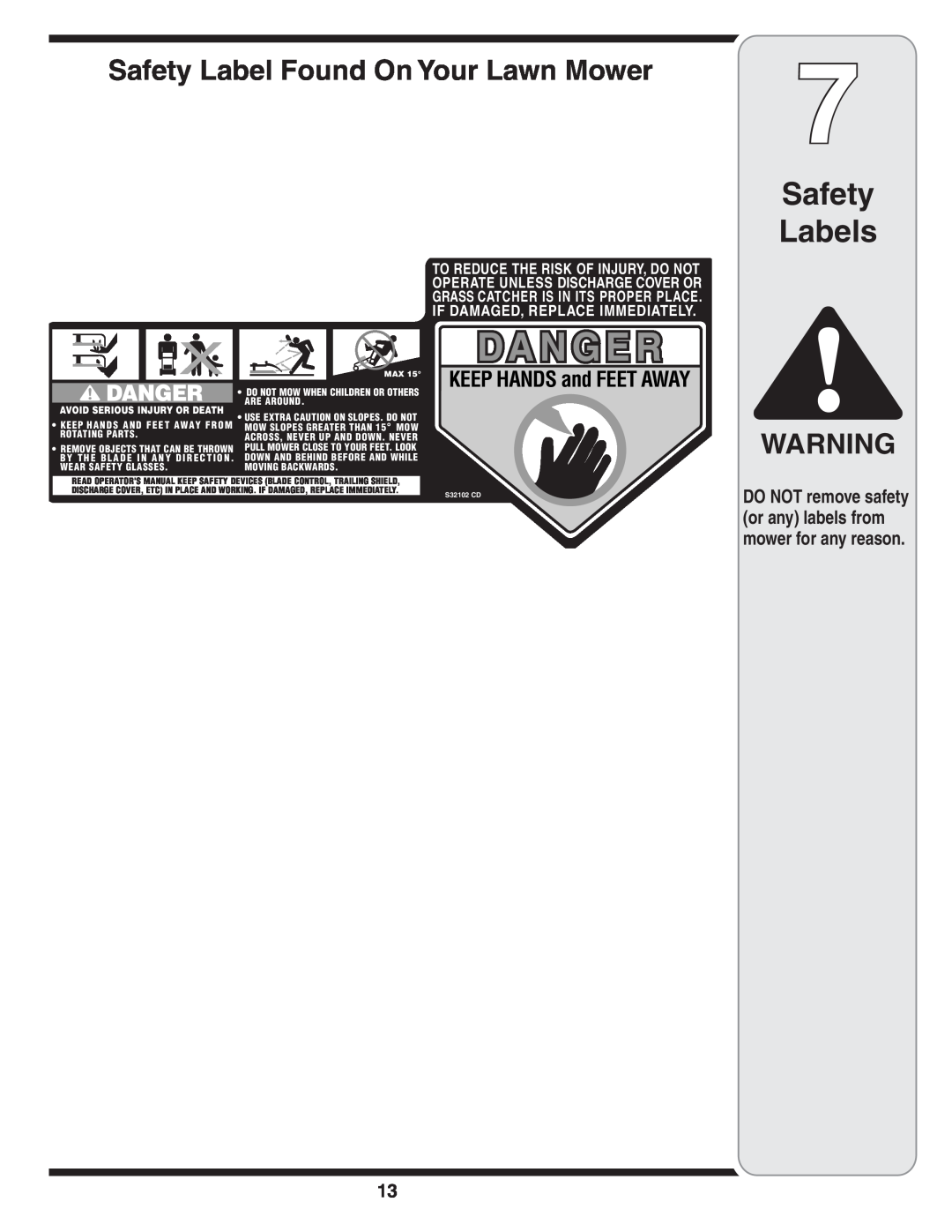 MTD Series 410 thru 420 warranty Safety Labels, Safety Label Found On Your Lawn Mower, KEEP HANDS and FEET AWAY, Are Around 