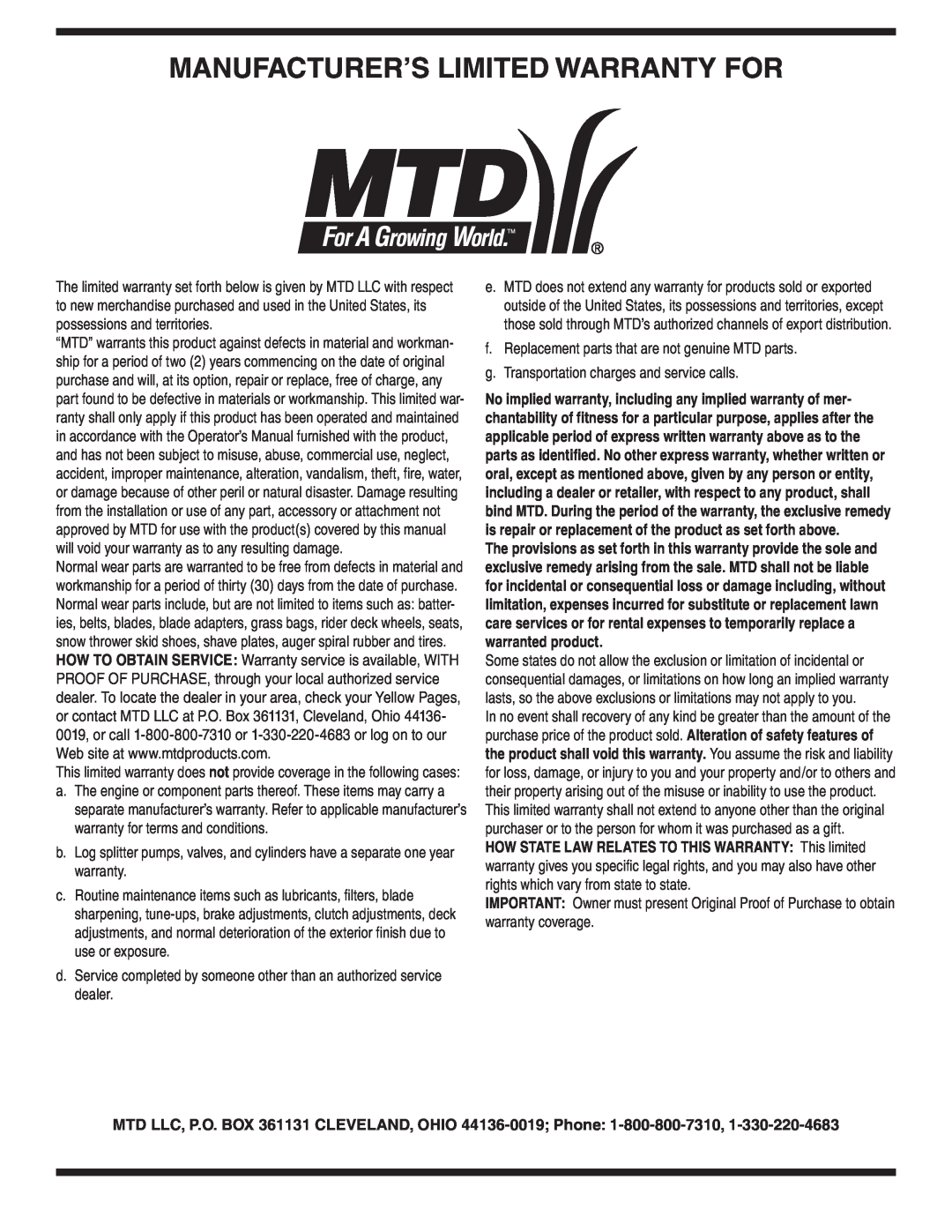 MTD Series 410 thru 420 warranty Manufacturer’S Limited Warranty For 