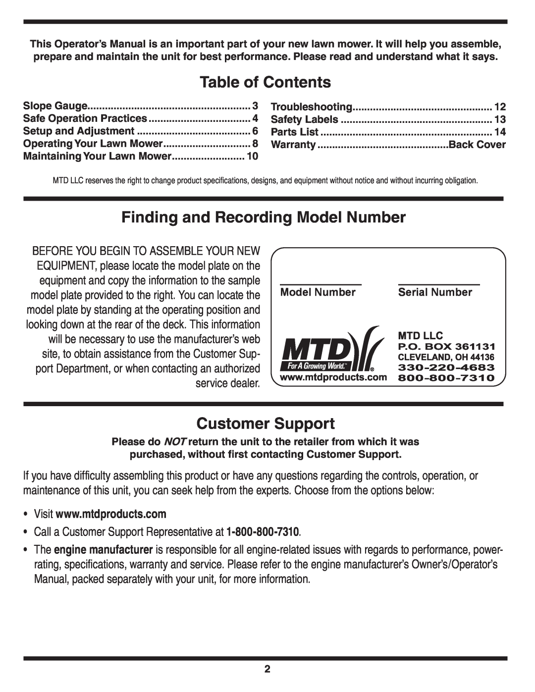 MTD Series 410 thru 420 warranty Table of Contents, Finding and Recording Model Number, Customer Support, service dealer 