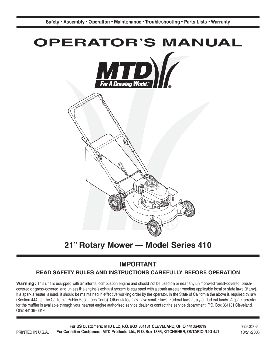 MTD Series 410 warranty Rotary Mower Model Series, 10/21/2005 