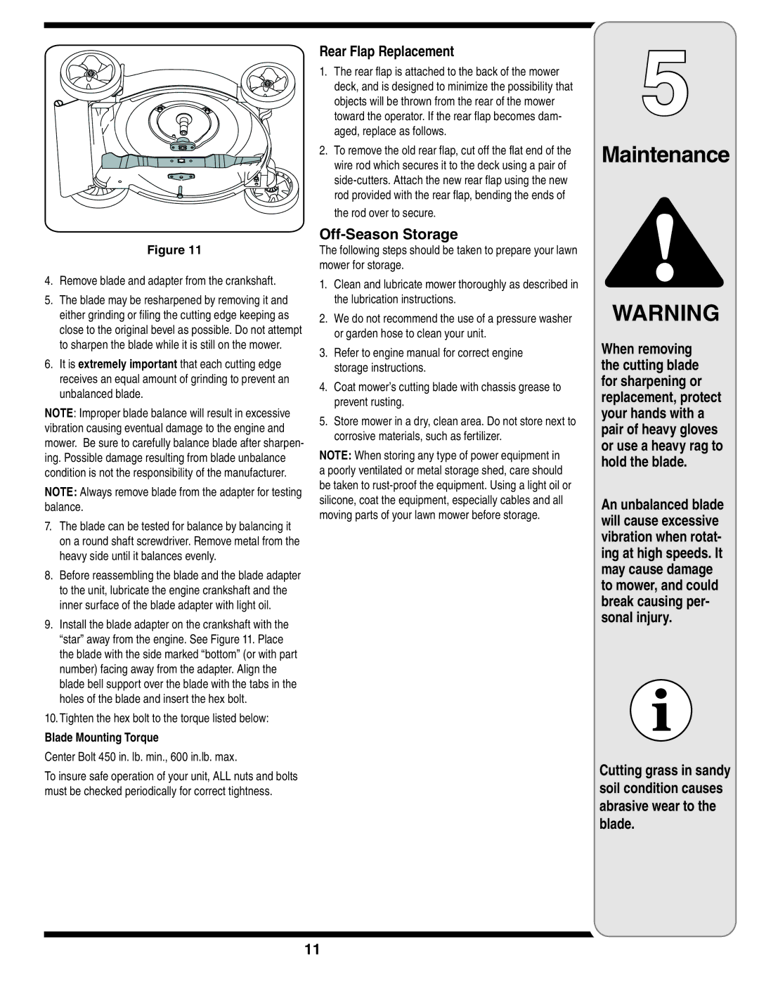 MTD Series 410 warranty Rear Flap Replacement, Off-Season Storage, Blade Mounting Torque 