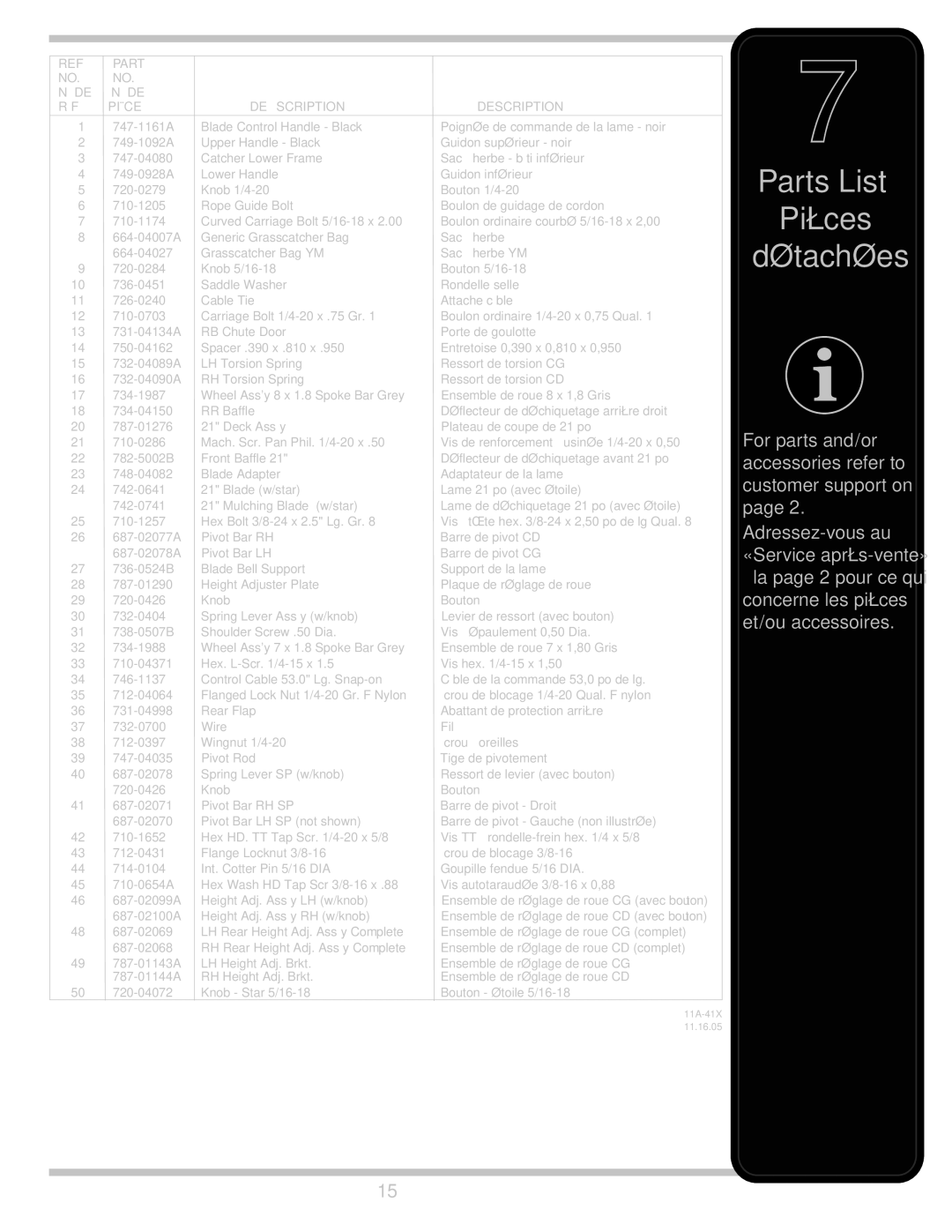 MTD Series 410 warranty Parts List Pièces Détachées 