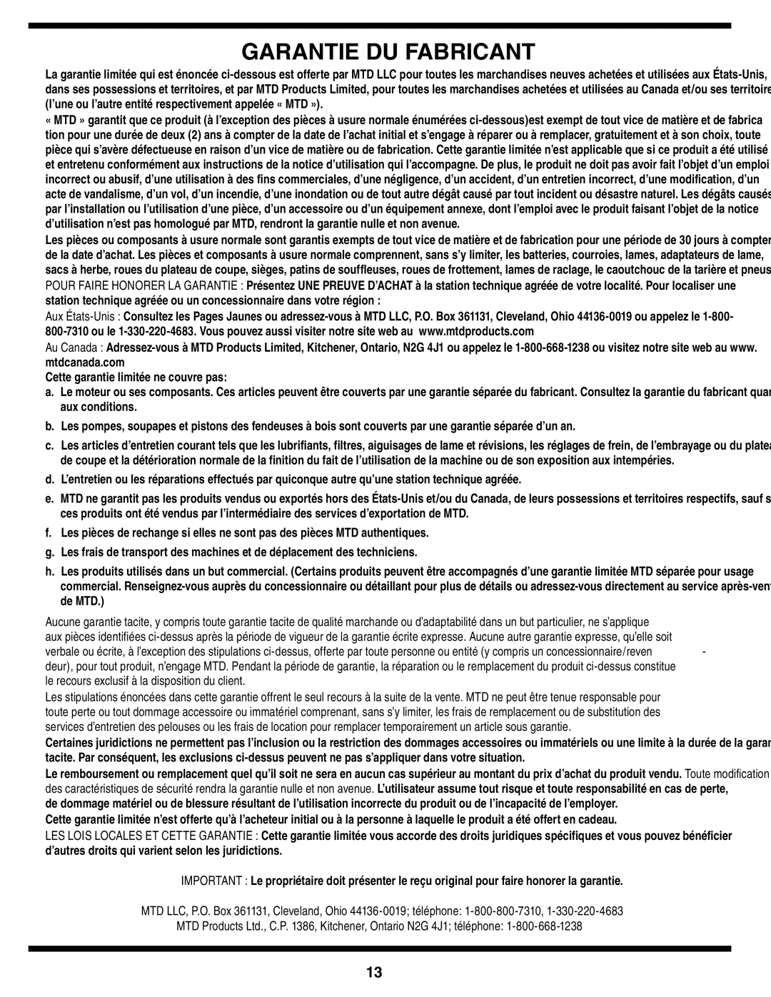 MTD Series 410 Client du disposition la à exclusif recours le, MTD de, Pas couvre ne limitée garantie Cette, Com.mtdcanada 