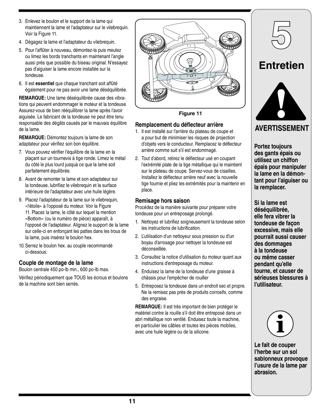 MTD Series 410 warranty Entretien, ’utilisateur, Lame la de montage de Couple, Saison hors Remisage 