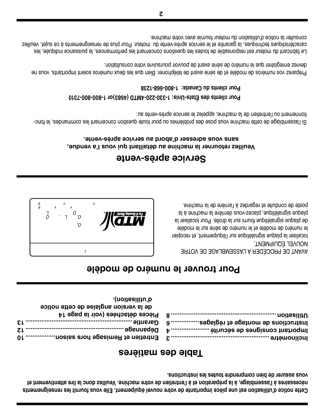 MTD Series 410 warranty Vente-après Service, Modèle de numéro le trouver Pour, Matières des Table 