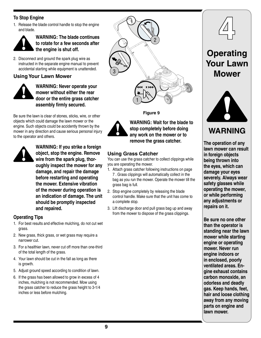 MTD Series 410 warranty To Stop Engine, Using Your Lawn Mower, Operating Tips, Using Grass Catcher 