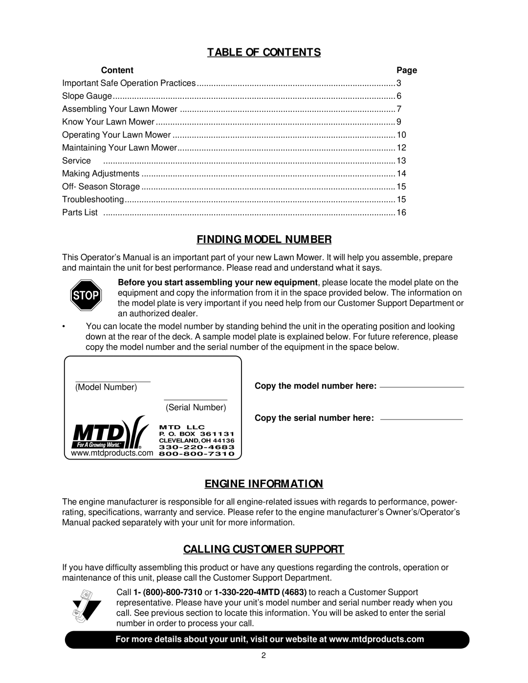 MTD Series 430 Thru 439 manual Table of Contents 