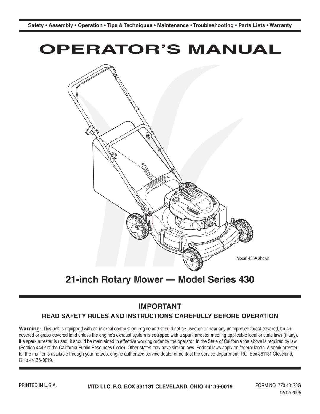 MTD Series 430 warranty Inch Rotary Mower Model Series, 12/12/2005 