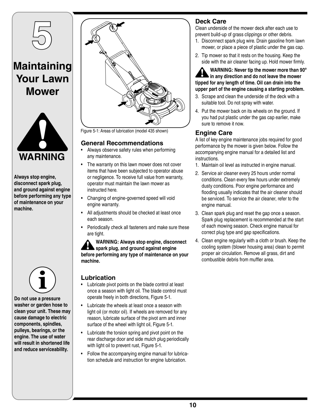 MTD Series 430 warranty Maintaining Your Lawn Mower, General Recommendations, Deck Care, Engine Care, Lubrication 