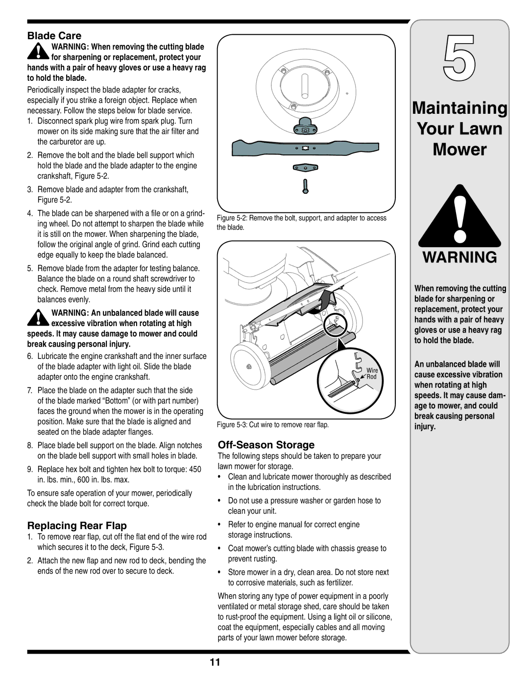 MTD Series 430 warranty Blade Care, Replacing Rear Flap, Off-Season Storage 