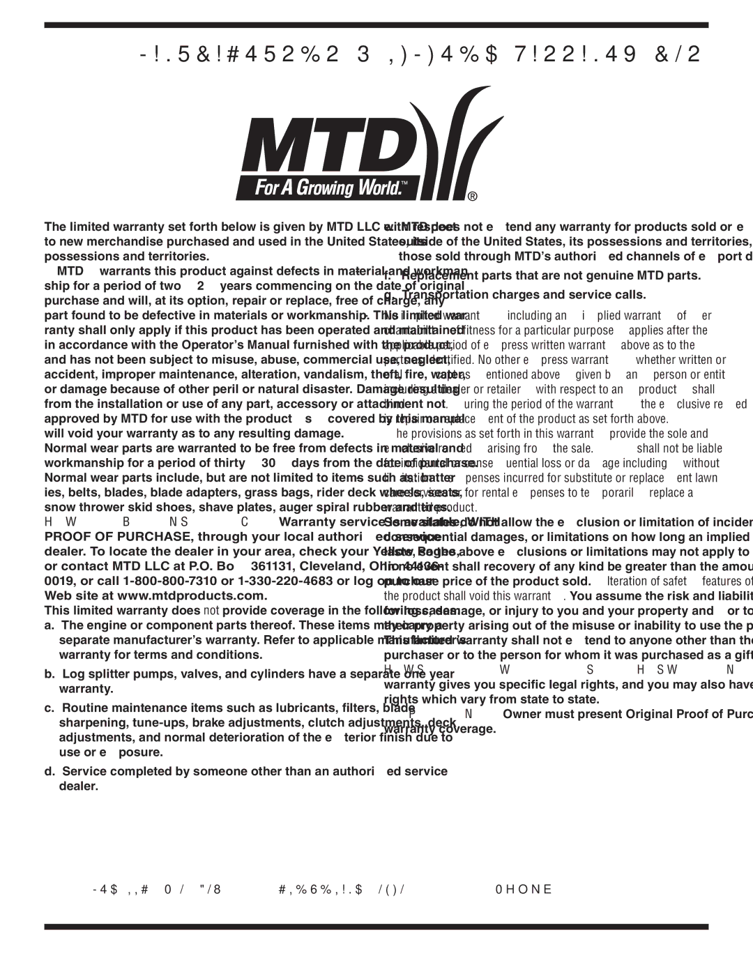 MTD Series 430 warranty MANUFACTURER’S Limited Warranty for 