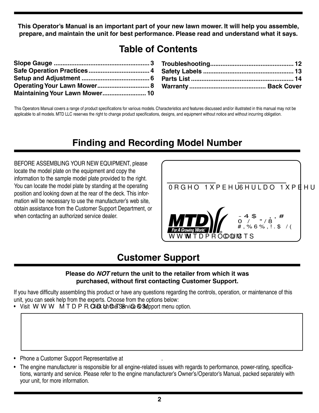 MTD Series 430 warranty Table of Contents, Finding and Recording Model Number, Customer Support 