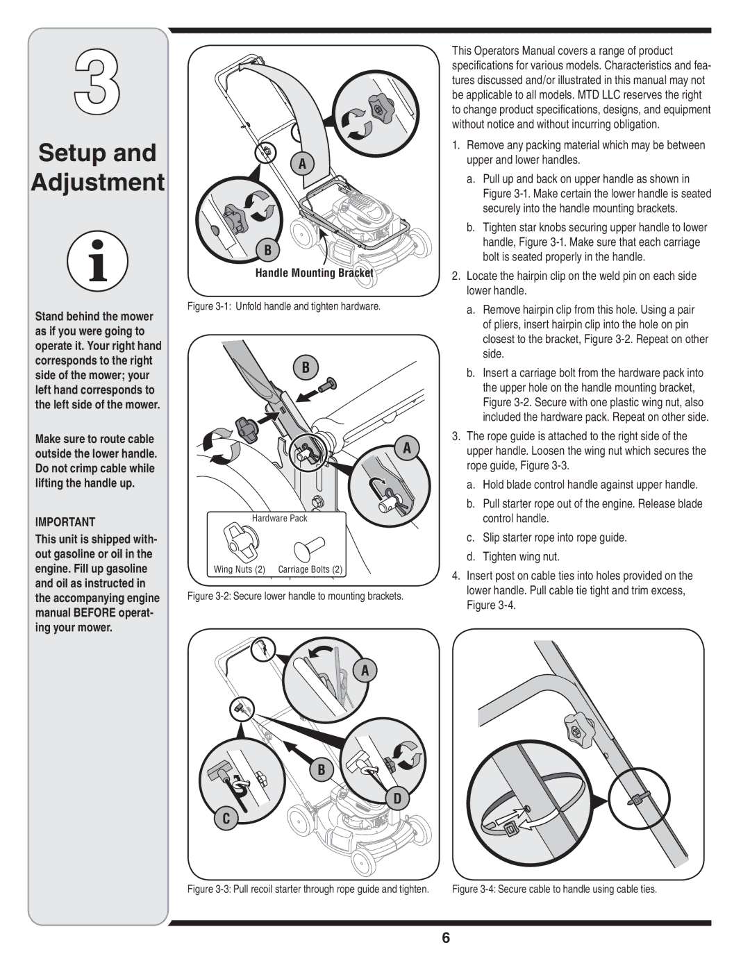 MTD Series 430 Upper and lower handles, Bolt is seated properly in the handle, Lower handle, Side, Rope guide, Figure 