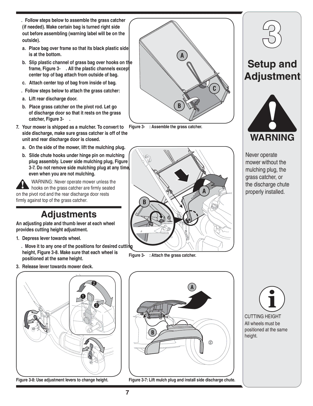 MTD Series 430 warranty Setup Adjustment, Adjustments, Depress lever towards wheel, Release lever towards mower deck 