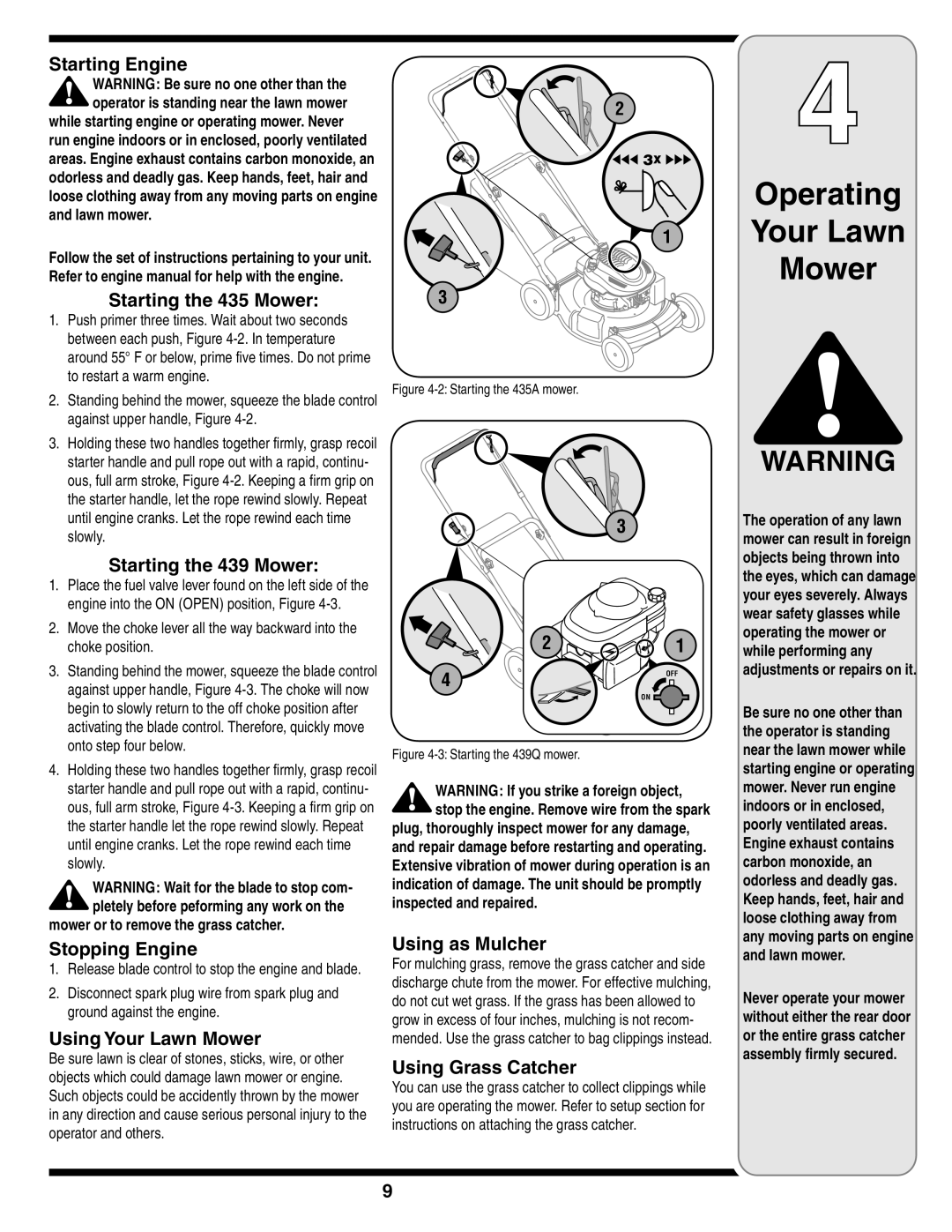 MTD Series 430 Starting Engine, Starting the 435 Mower, Starting the 439 Mower, Stopping Engine, Using Your Lawn Mower 