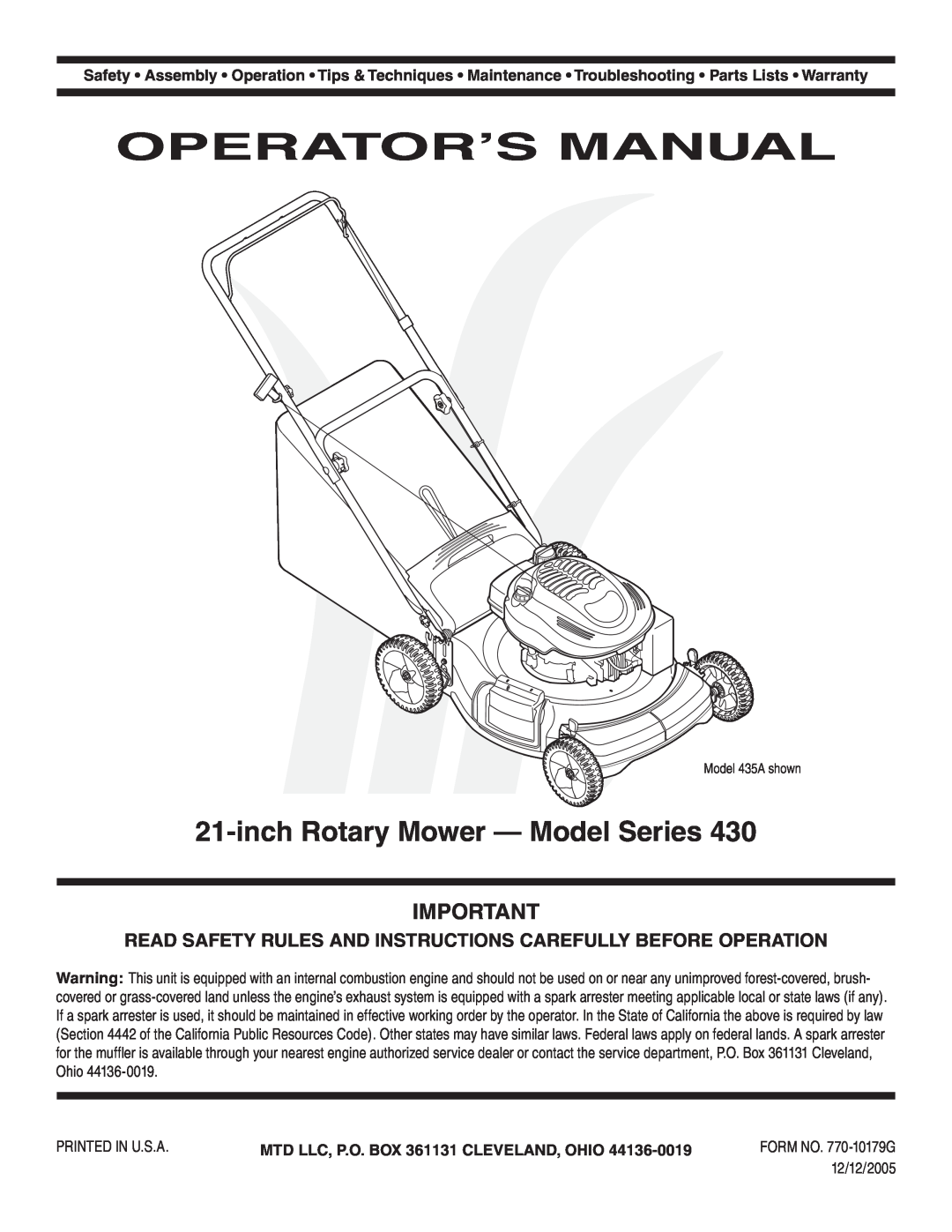 MTD Series 430 warranty Operator’S Manual, inch Rotary Mower - Model Series, MTD LLC, P.O. BOX 361131 CLEVELAND, OHIO 