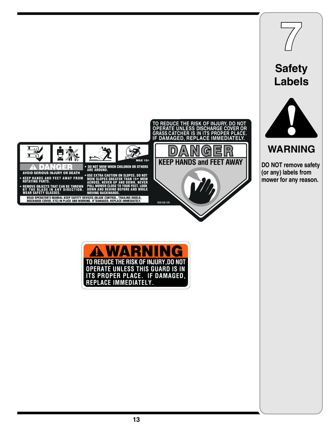 MTD Series 430 warranty Safety Labels, DO NOT remove safety or any labels from mower for any reason 