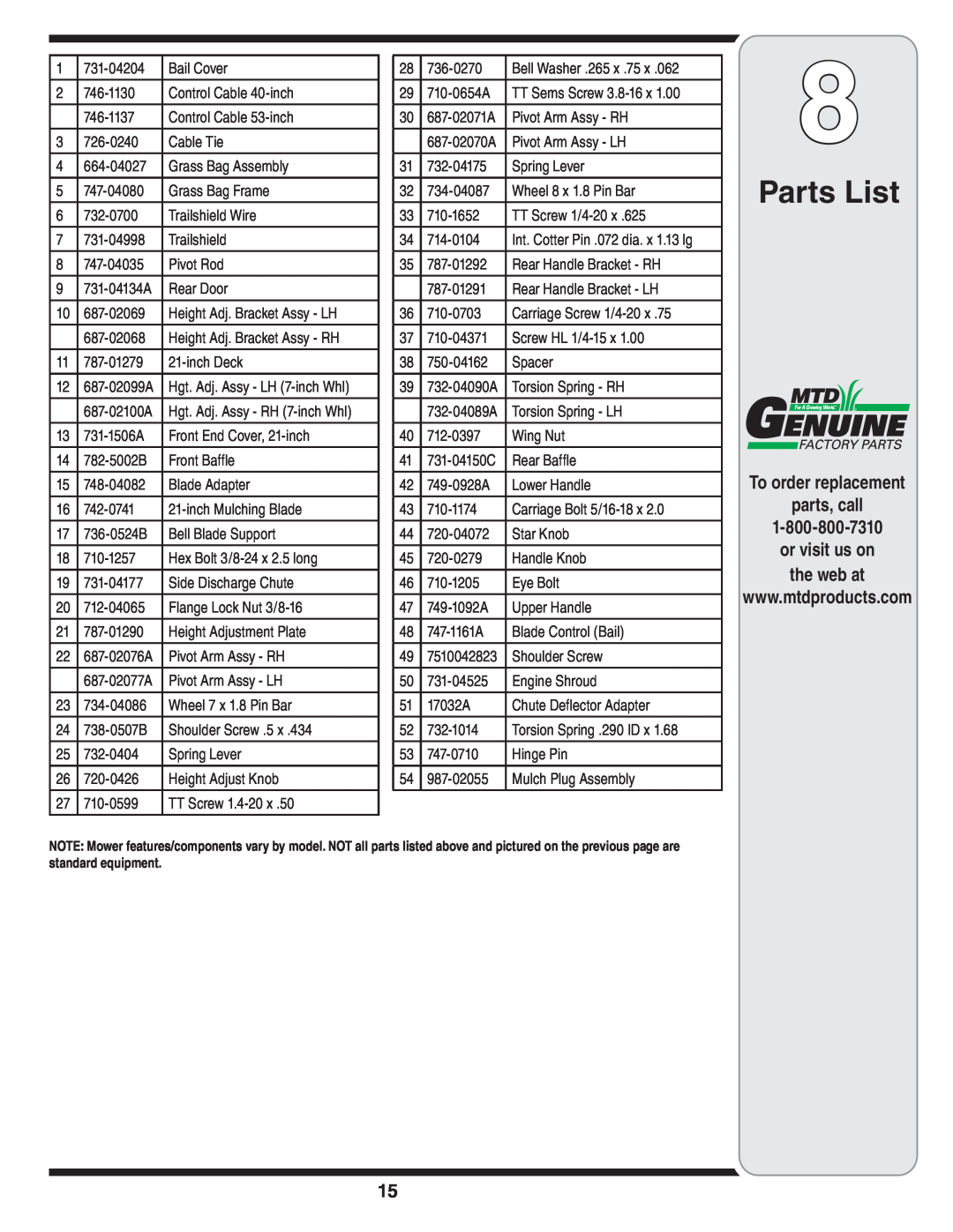 MTD Series 430 warranty Parts List, To order replacement parts, call, or visit us on the web at 
