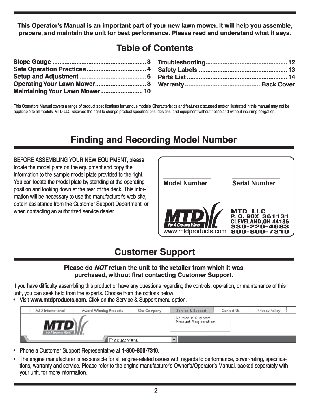 MTD Series 430 warranty Table of Contents, Finding and Recording Model Number, Customer Support, Serial Number 