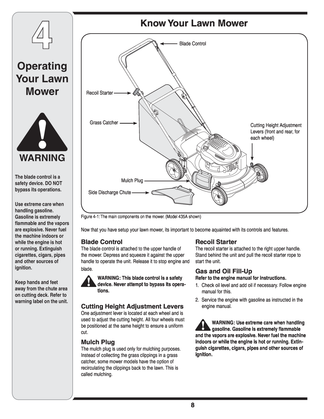 MTD Series 430 warranty Operating Your Lawn Mower, Know Your Lawn Mower, Refer to the engine manual for instructions 
