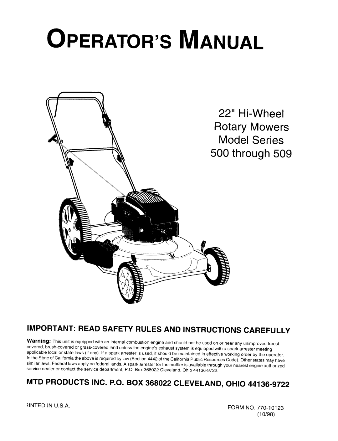 MTD Series 500 through 509 manual 