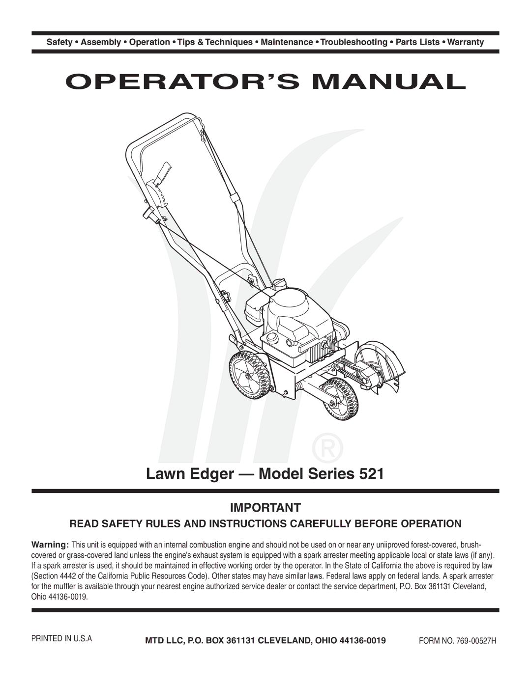 MTD Series 521 warranty OPERATOR’S Manual 