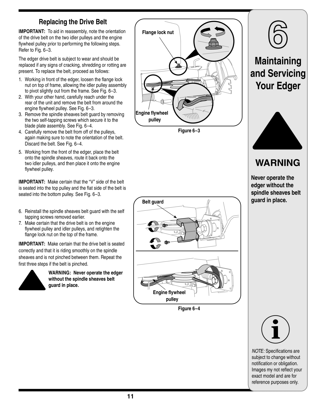 MTD Series 521 warranty Your Edger, Replacing the Drive Belt 