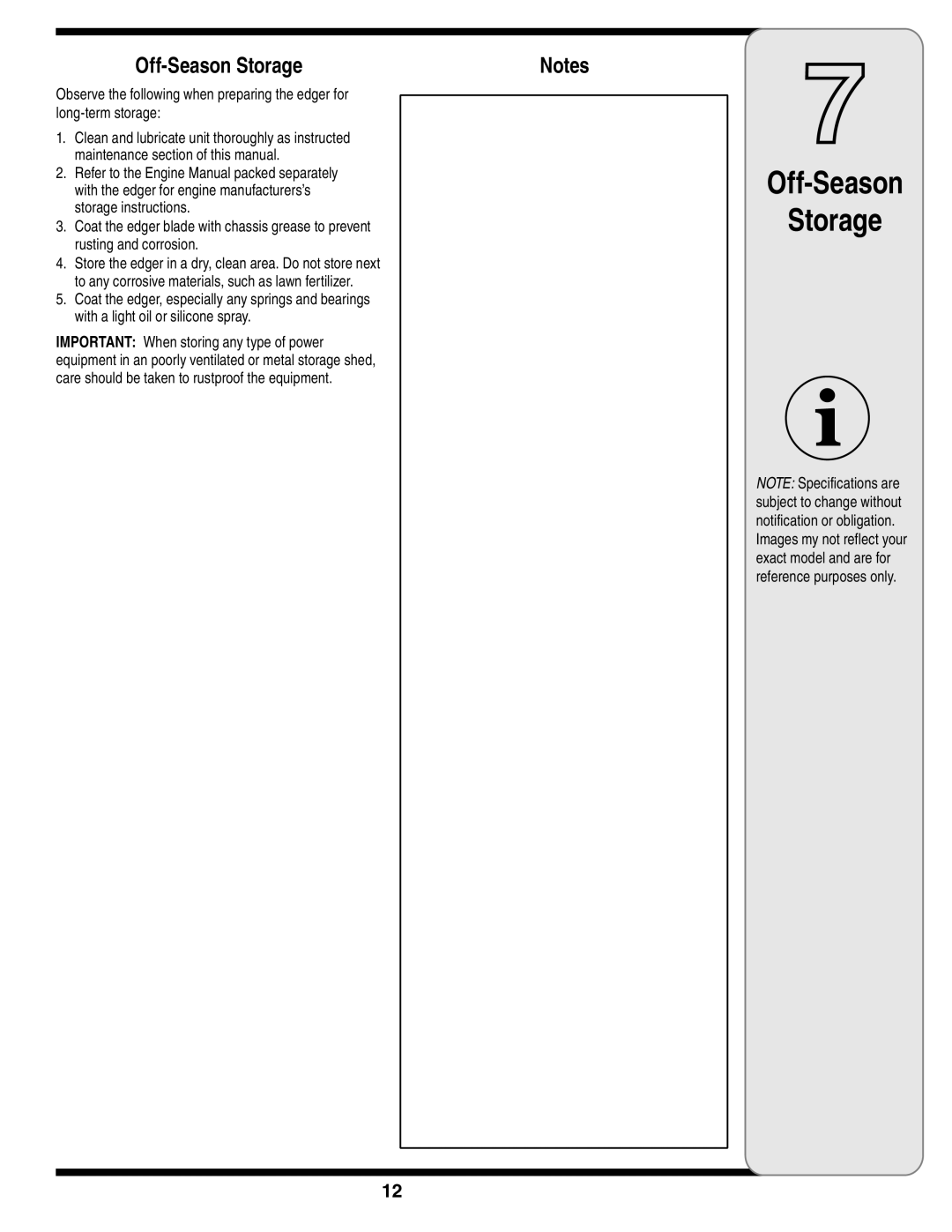 MTD Series 521 warranty Off-Season Storage 