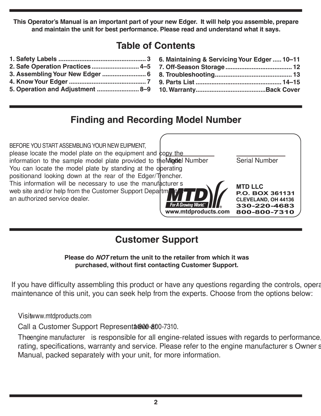 MTD Series 521 warranty Table of Contents 