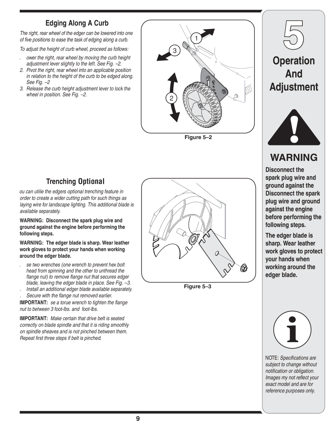 MTD Series 521 warranty Operation Adjustment, Edging Along a Curb, Trenching Optional 