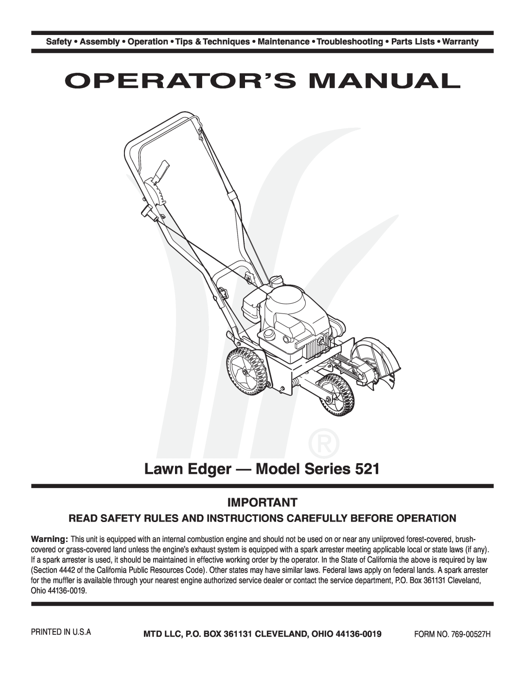 MTD Series 521 warranty Operator’S Manual, Lawn Edger - Model Series, MTD LLC, P.O. BOX 361131 CLEVELAND, OHIO 