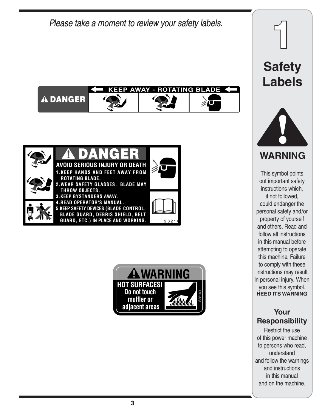 MTD Series 521 warranty Safety Labels, Your Responsibility, in personal injury. When you see this symbol, Restrict the use 