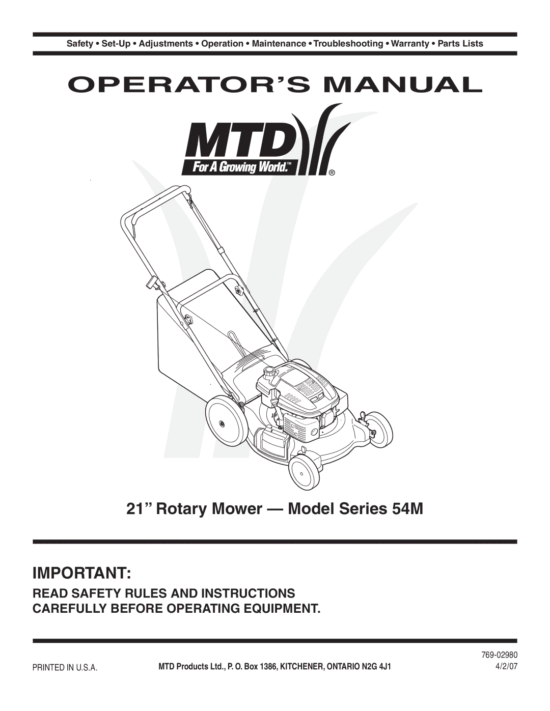 MTD warranty Rotary Mower Model Series 54M, 769-02980 