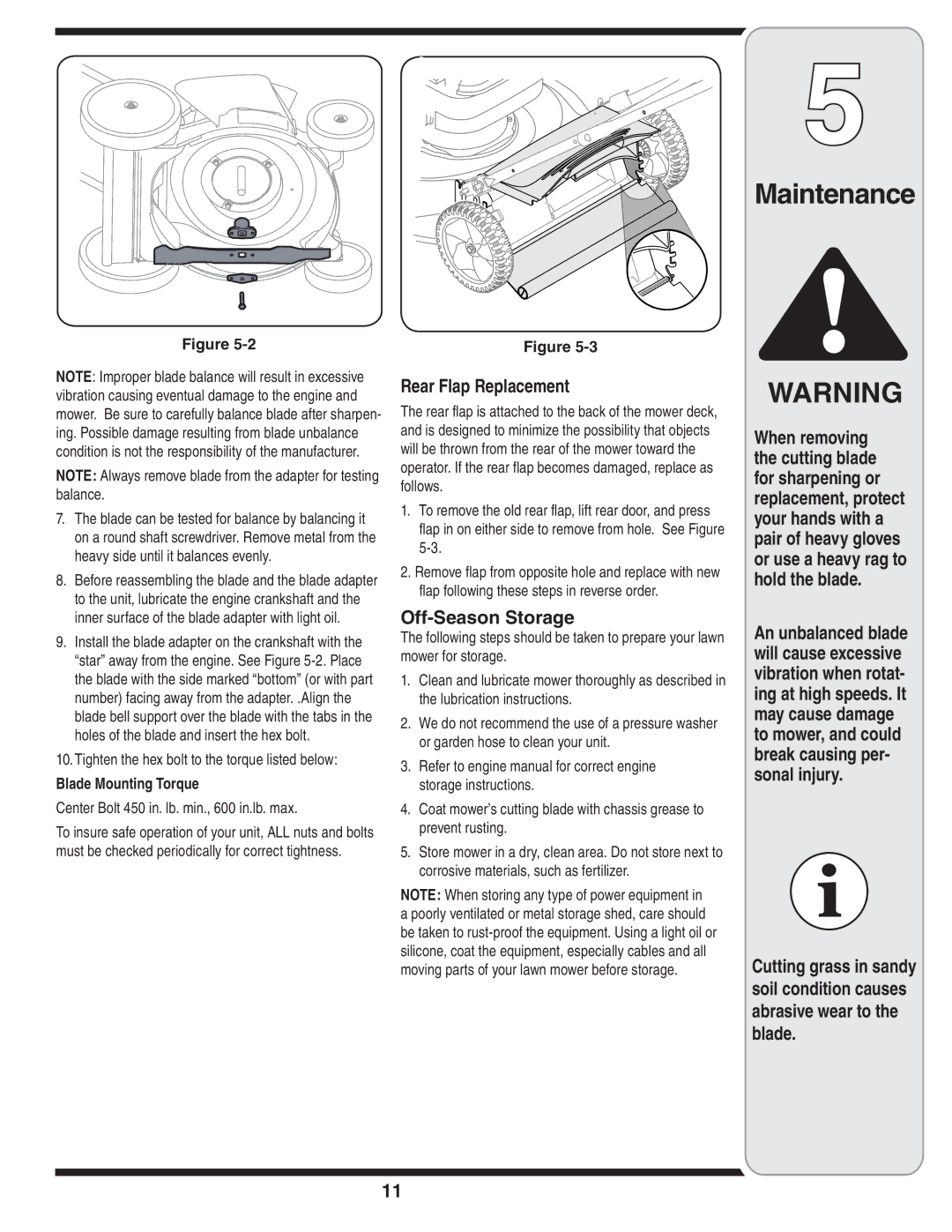 MTD Series 54M warranty Rear Flap Replacement, Off-Season Storage, Tighten the hex bolt to the torque listed below 