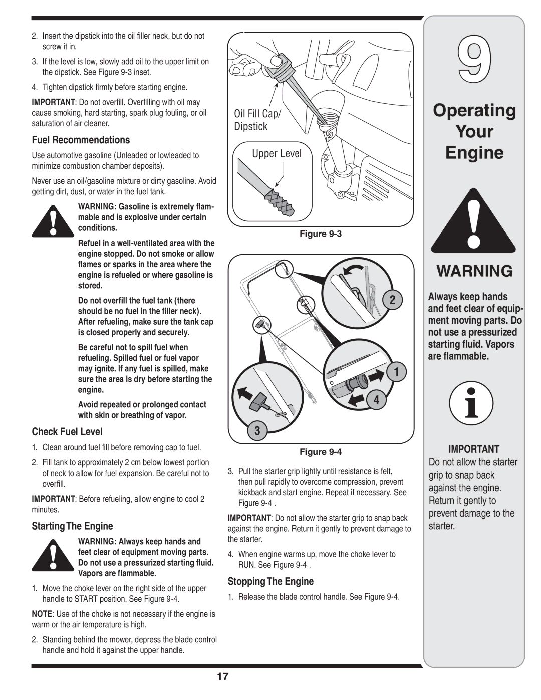 MTD Series 54M warranty Fuel Recommendations, Check Fuel Level, Starting The Engine, Stopping The Engine 