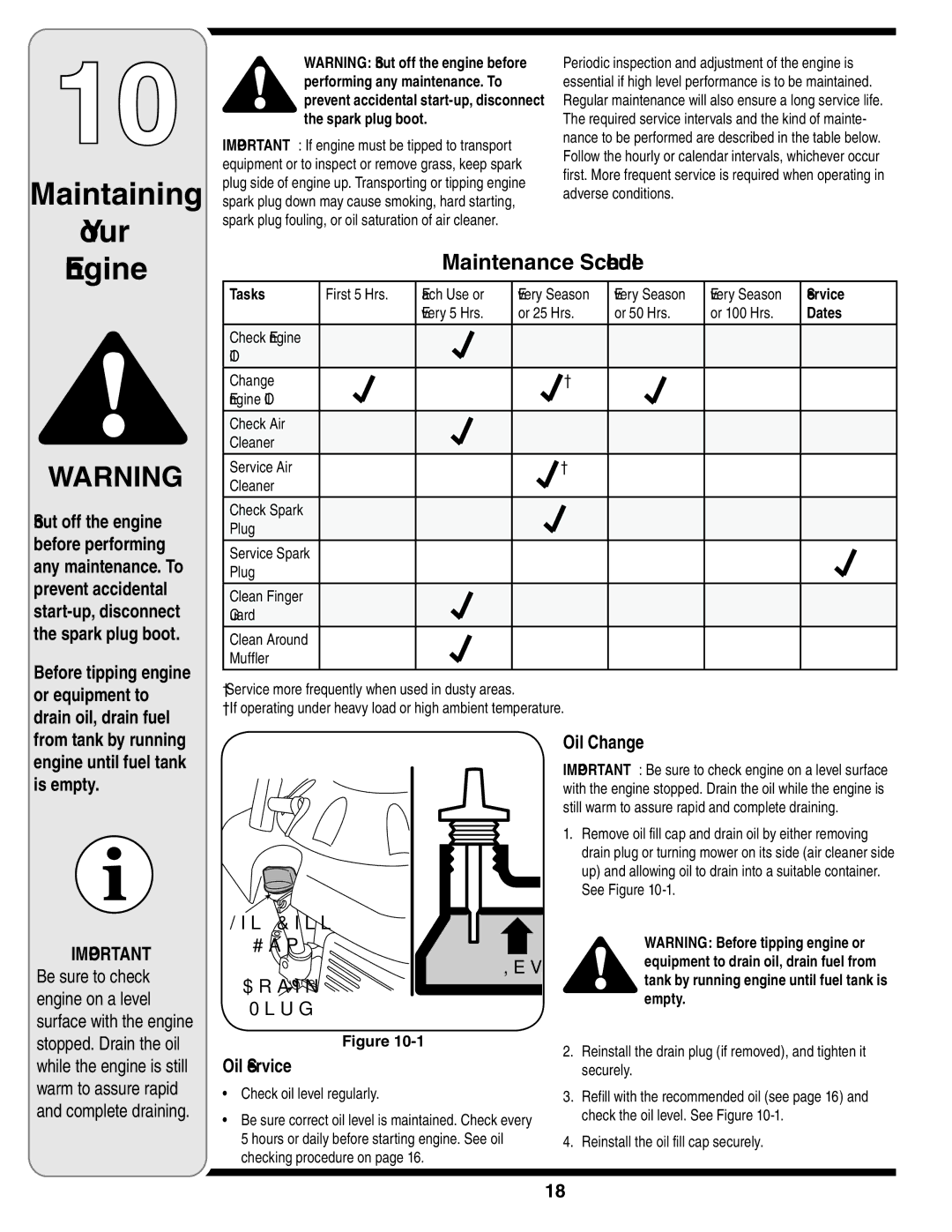 MTD Series 54M warranty Maintaining Your, Oil Service, Oil Change 