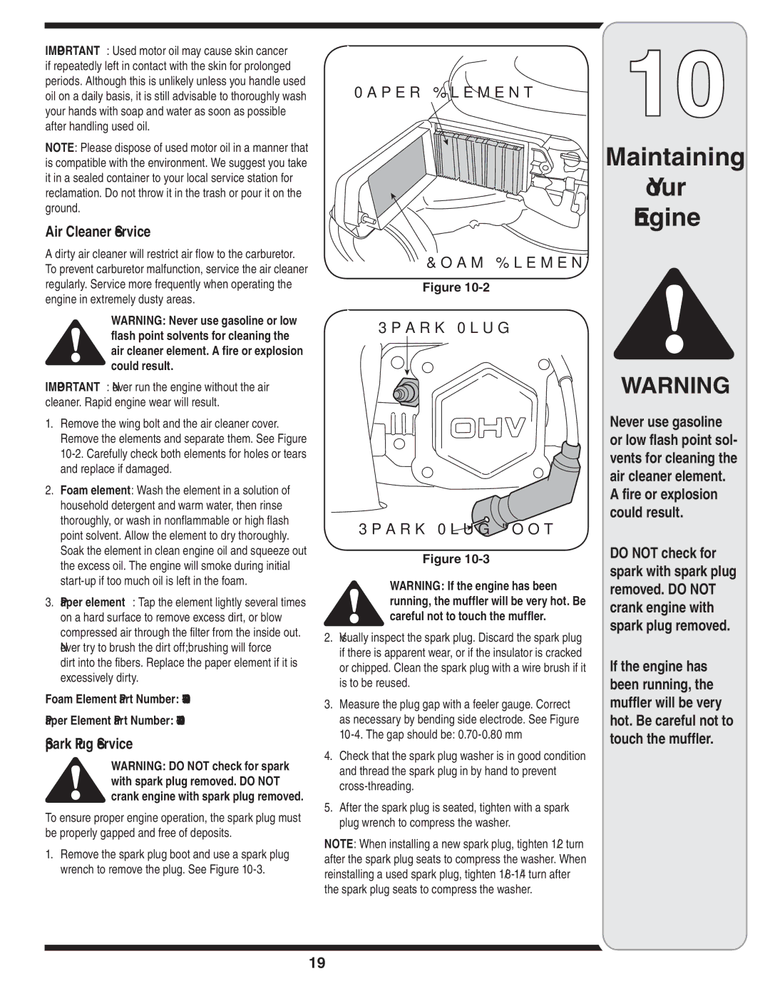 MTD Series 54M warranty Maintaining Your Engine, Air Cleaner Service, Spark Plug Service 